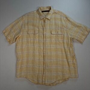 Perry Ellis Linen Shirt Men's L Orange Yellow Plaid Flap Pockets Button Up